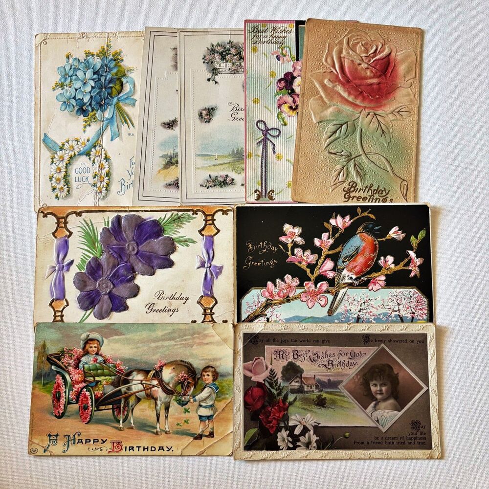 Vtg Birthday Post Cards (9) 1909-1921 Posted Junk Journal Scrapbook Ephemera